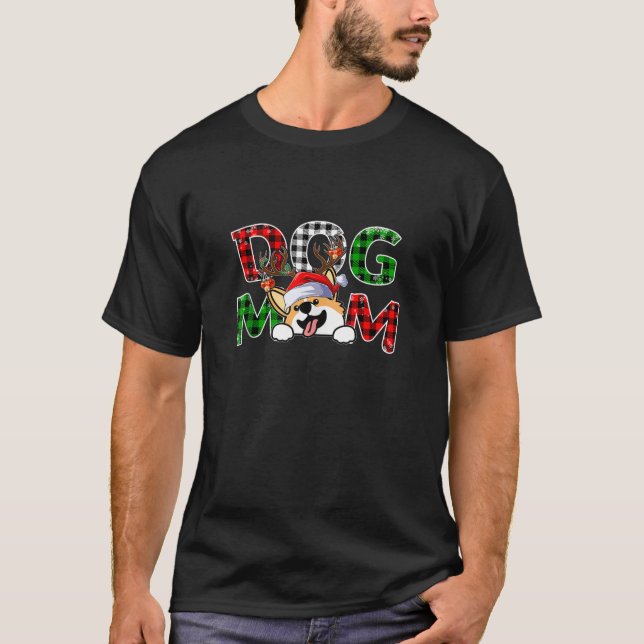 Corgi Dog Mum Buffalo Plaid Xmas Pajama Reindeer H T-Shirt (Front)