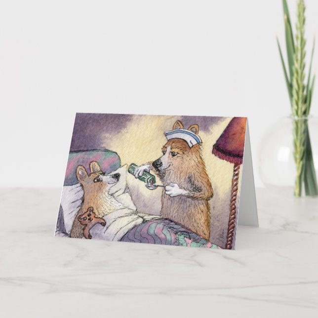 Corgi dog nurse, get well soon greeting card (Front)