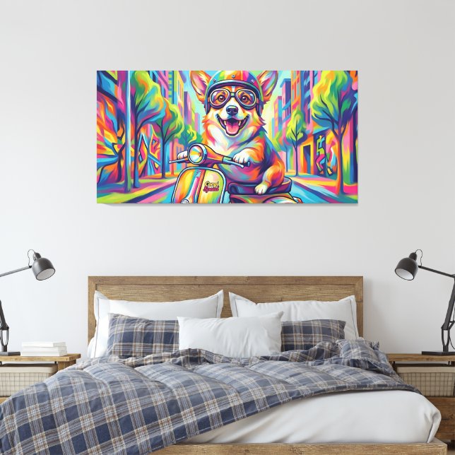 Corgi Dog on Scooter Pop Art Canvas Print (Insitu(Bedroom))
