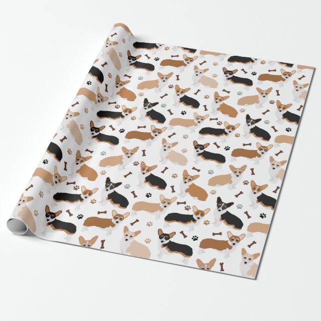 Corgi Dog Paws and Bones Wrapping Paper (Unrolled)