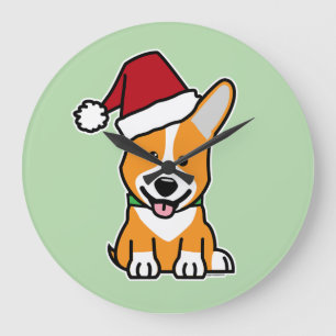 Corgi dog puppy Pembroke Welsh Christmas Santa hat Large Clock
