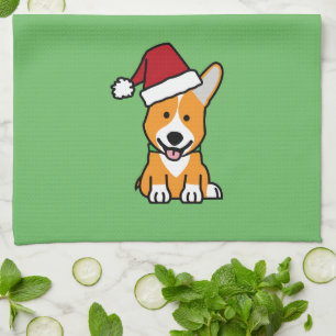 Corgi dog puppy Pembroke Welsh Christmas Santa hat Tea Towel