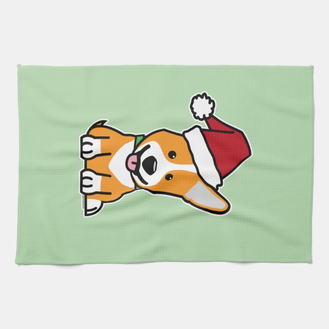 Corgi dog puppy Pembroke Welsh Christmas Santa hat Tea Towel (Horizontal)