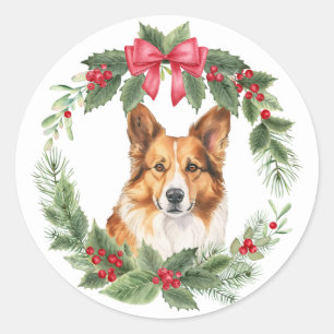 Corgi Dog Red Bow Holly Wreath Classic Round Sticker