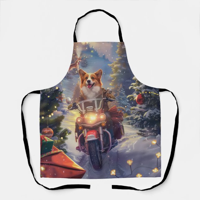 Corgi Dog Riding Motorcycle Christmas Apron (Front)
