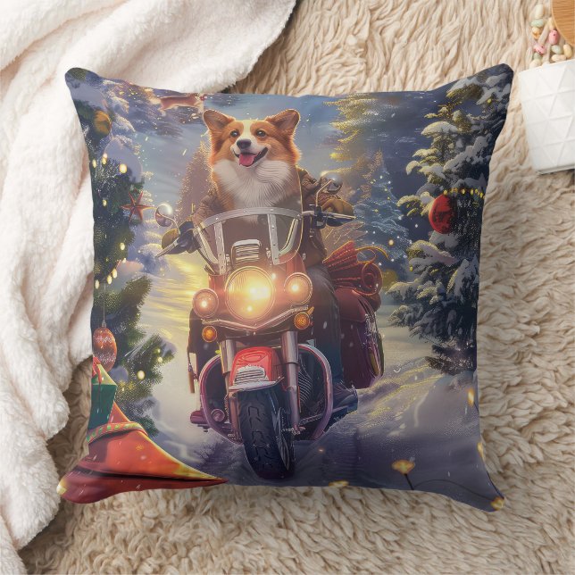 Corgi Dog Riding Motorcycle Christmas Cushion (Blanket)