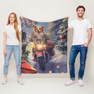 Corgi Dog Riding Motorcycle Christmas Fleece Blanket