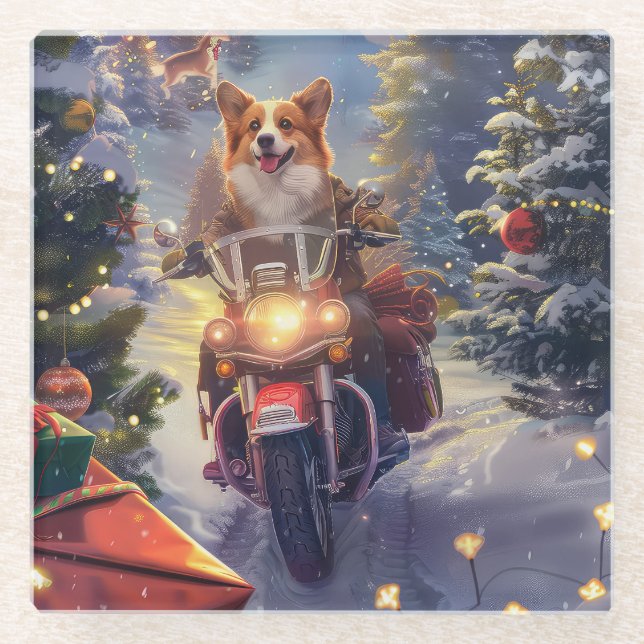 Corgi Dog Riding Motorcycle Christmas Glass Coaster (Front)