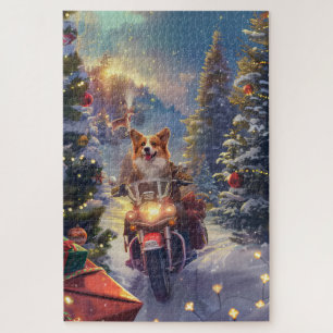 Corgi Dog Riding Motorcycle Christmas Jigsaw Puzzle