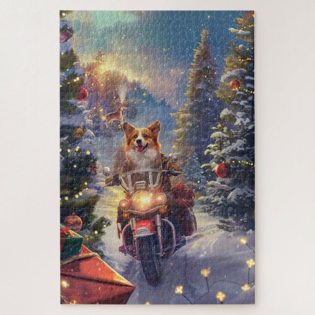 Corgi Dog Riding Motorcycle Christmas Jigsaw Puzzle (Vertical)
