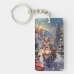 Corgi Dog Riding Motorcycle Christmas Key Ring