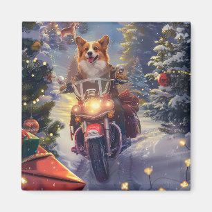 Corgi Dog Riding Motorcycle Christmas Magnet