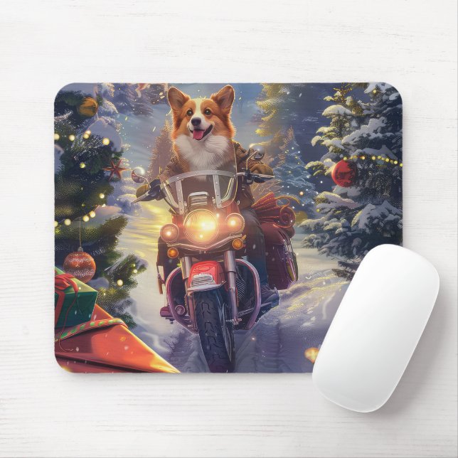 Corgi Dog Riding Motorcycle Christmas Mouse Mat (With Mouse)