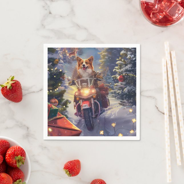 Corgi Dog Riding Motorcycle Christmas Napkin (Insitu)