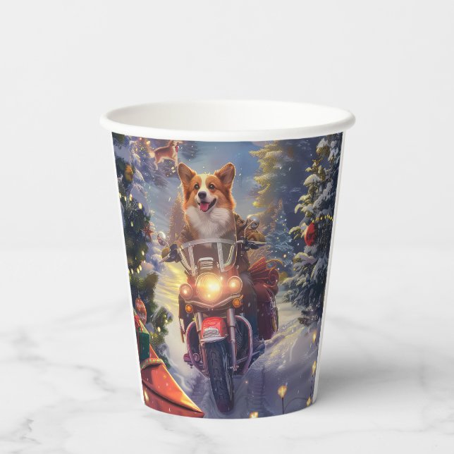 Corgi Dog Riding Motorcycle Christmas Paper Cups (Back)