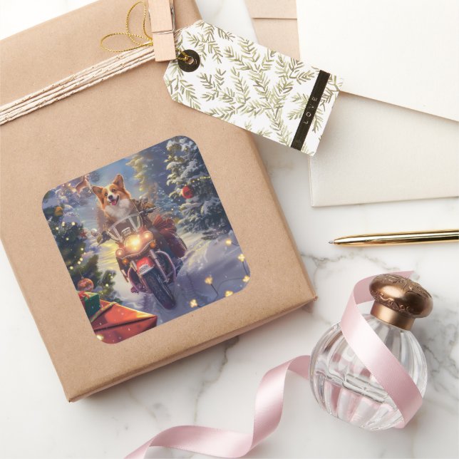 Corgi Dog Riding Motorcycle Christmas Square Sticker (Gifting)