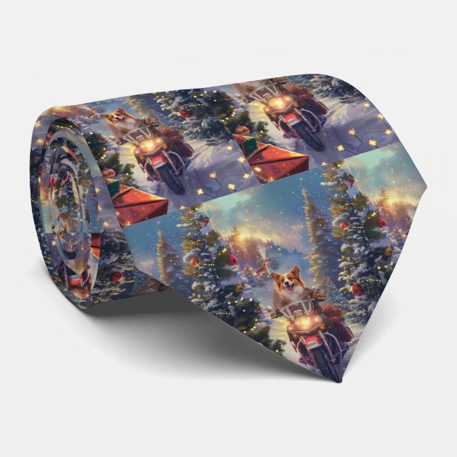 Corgi Dog Riding Motorcycle Christmas Tie (Rolled)
