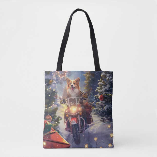 Corgi Dog Riding Motorcycle Christmas Tote Bag (Front)
