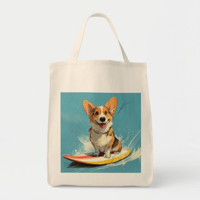 Corgi Dog Riding Surfboard Tote Bag (Front)