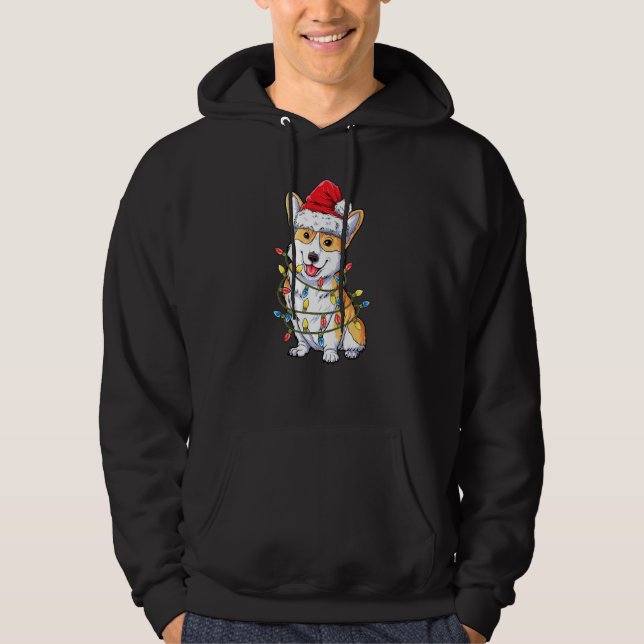 Corgi Dog Santa Hat Christmas Lights Dog Christmas Hoodie (Front)