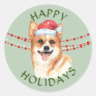 Corgi Dog Santa Hat Happy Holidays Classic Round Sticker