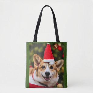 Corgi dog smiling christmas fun tote bag