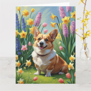 Corgi Dog Spring Flowers Painting  Card