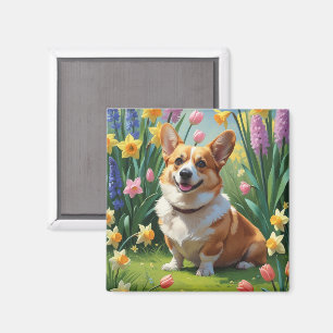 Corgi Dog Spring Flowers Painting  Magnet