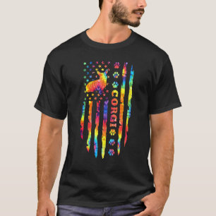 Corgi Dog Tie Dye Rainbow American Flag Print T-Shirt