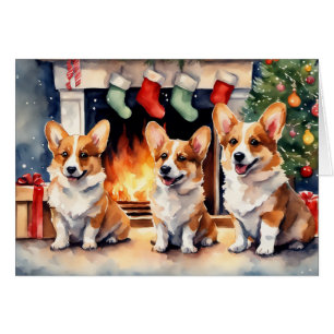 Corgi Dog Trio By the Christmas Fireplace