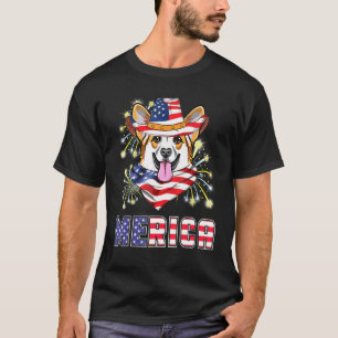 Corgi Dog Us Flag Hat Fireworks Merica 4th Of July T-Shirt