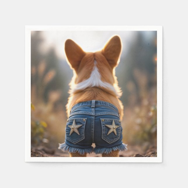 Corgi Dog Wearing Blue Frayed Denim Shorts Napkin (Front)