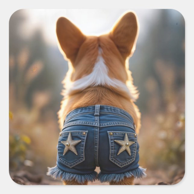 Corgi Dog Wearing Blue Frayed Denim Shorts Square Sticker (Front)