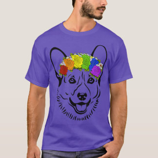 Corgi Dog Wearing Rainbow Floral Flower Crown LGBT T-Shirt