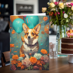 Corgi Dog With Balloons Birthday Card