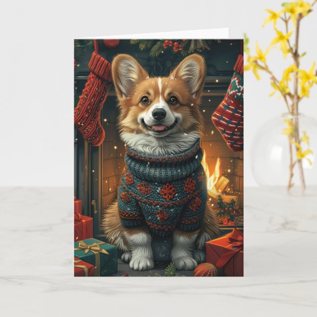 Corgi Dog With Christmas Gifts Fireplace Card (Yellow Flower)