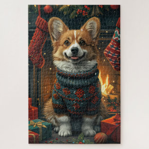 Corgi Dog With Christmas Gifts Fireplace Jigsaw Puzzle