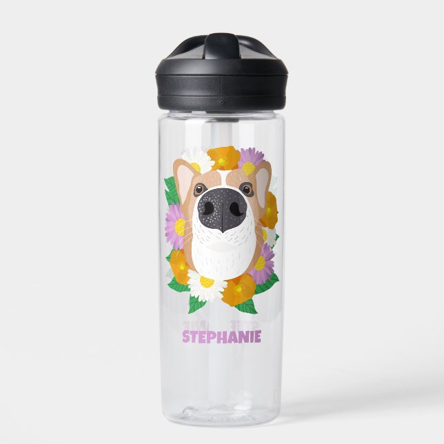 Corgi Dog with Flowers Personalised Water Bottle (Front)