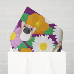 Corgi Dog with Flowers Purple Patterned Tissue Paper