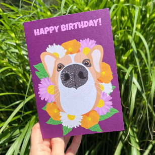 Corgi Dog with Flowers Purple Personalised Card
