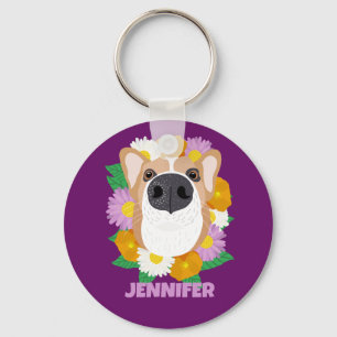 Corgi Dog with Flowers Purple Personalized Key Ring