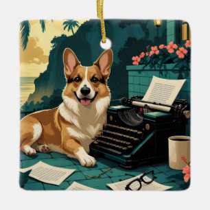 Corgi Dog with glossy fur and a gentleman vintage Ceramic Ornament