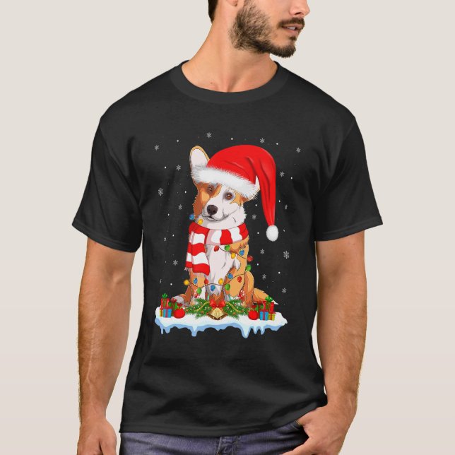 Corgi Dog Xmas Lighting Santa Hat Corgi Christmas T-Shirt (Front)