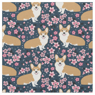 corgi dogs cherry blossoms navy fabric