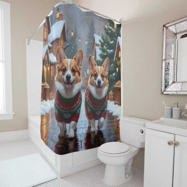 Corgi Dogs Christmas Snow Holiday Shower Curtain (In Situ)