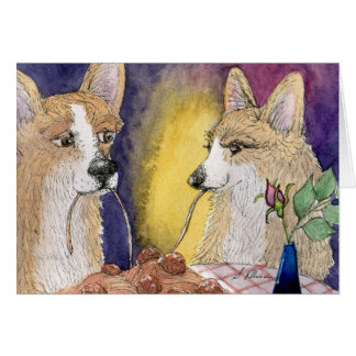 Corgi dogs eating spaghetti and meatballs