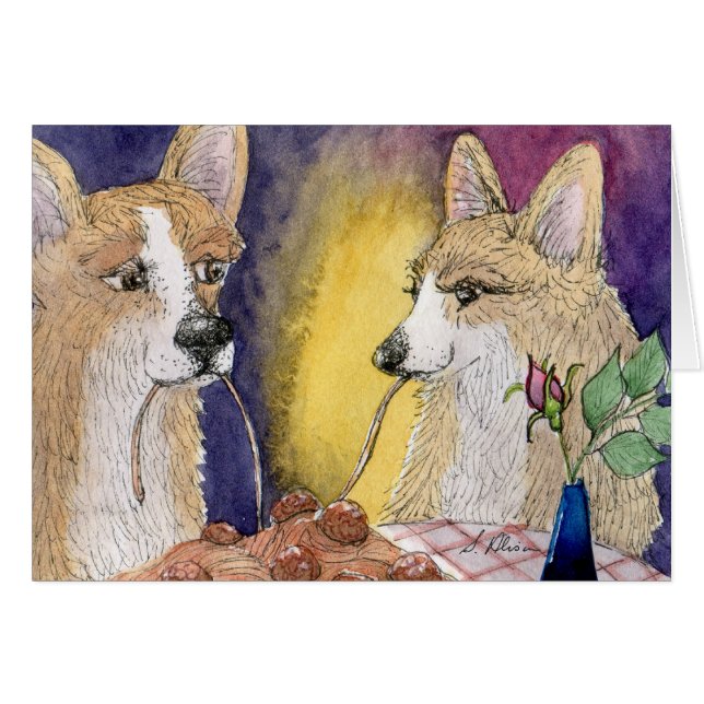 Corgi dogs eating spaghetti and meatballs (Front Horizontal)