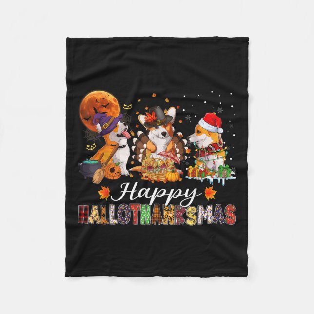 Corgi Dogs Halloween Thanksgiving Christmas Hallot Fleece Blanket (Front)