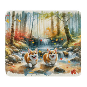 Corgi Dogs In A Woodland Stream With Fall Colours Cutting Board