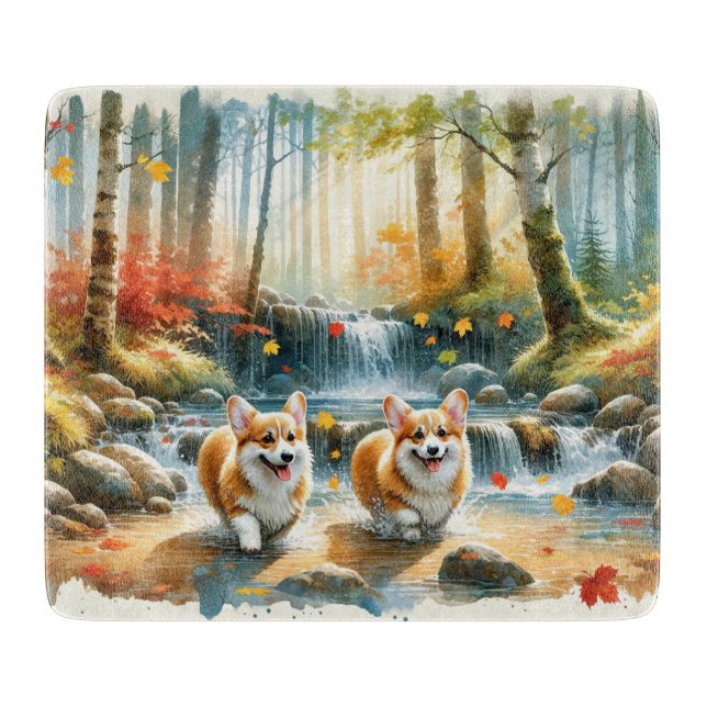 Corgi Dogs In A Woodland Stream With Fall Colours Cutting Board (Front)